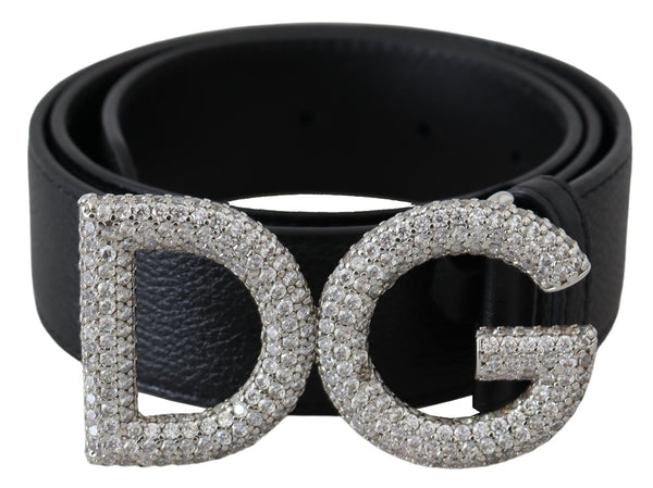 Black Leather Crystal DG Logo Buckle Belt