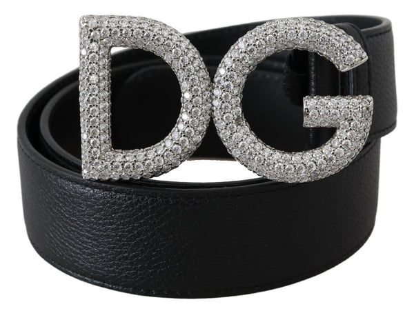 Black Leather Crystal DG Logo Buckle Belt