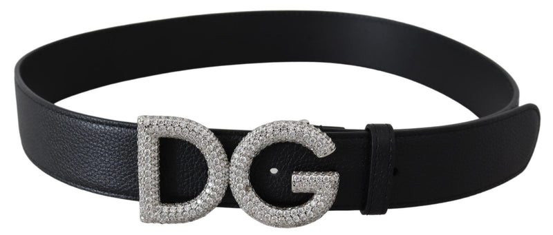 Black Leather Crystal DG Logo Buckle Belt