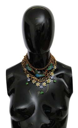 Gold Parrot Crystal Floral Charm Statement Necklace