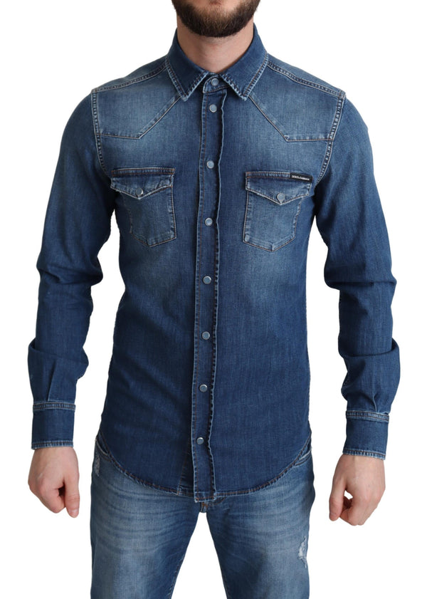 Blue Cotton Stretch Long Sleeves Denim Shirt