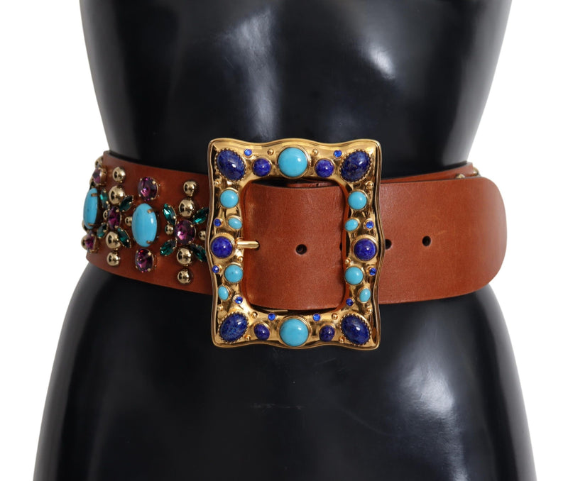 Brown Crystal Gold Buckle Leather Belt