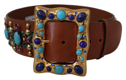 Brown Crystal Gold Buckle Leather Belt