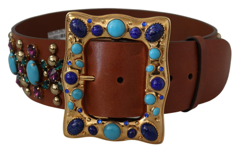 Brown Crystal Gold Buckle Leather Belt