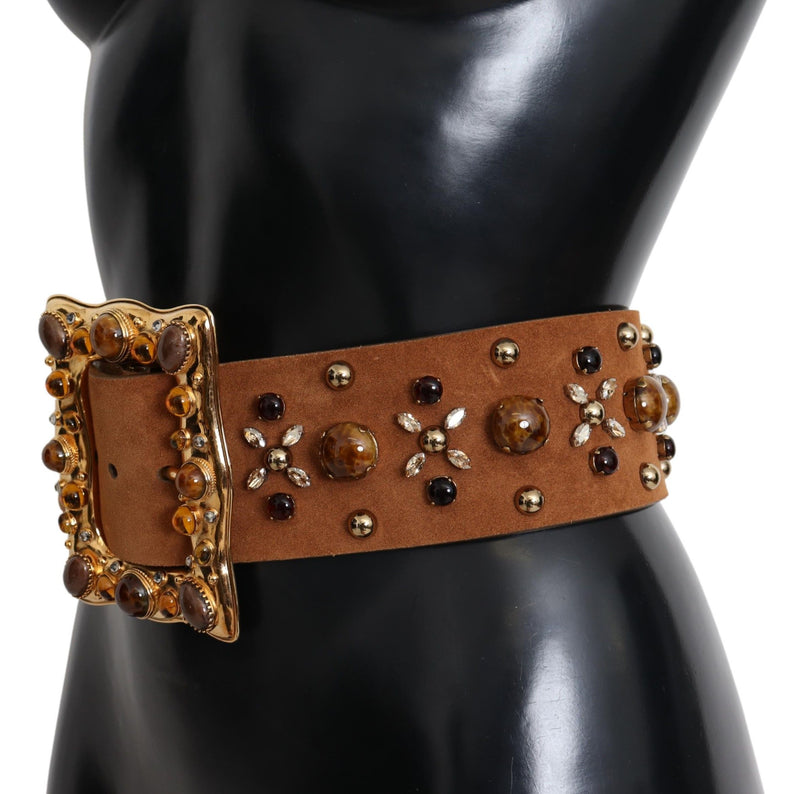 Brown Crystal Gold Buckle Leather Belt