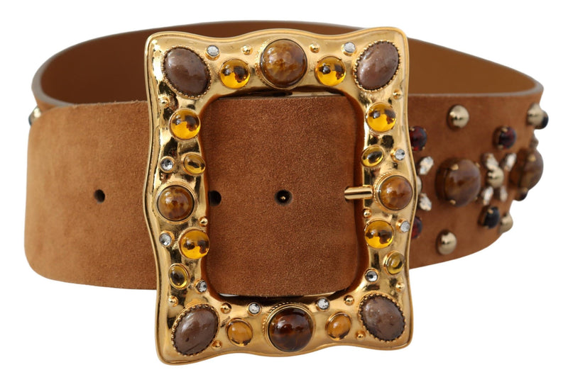 Brown Crystal Gold Buckle Leather Belt