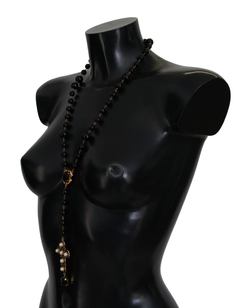 Gold Brass Chain Black Crystal Cross Pendant Necklace