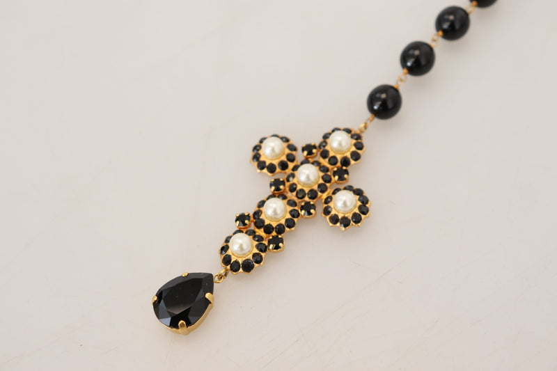 Gold Brass Chain Black Crystal Cross Pendant Necklace