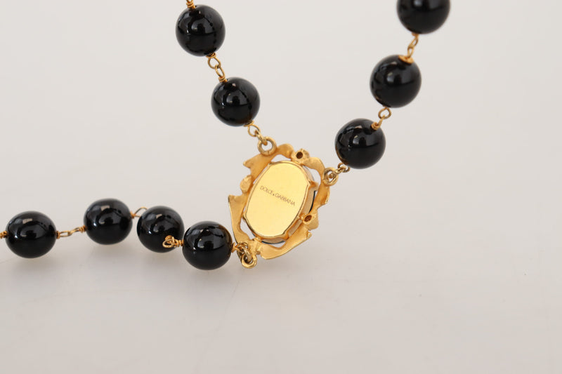 Gold Brass Chain Black Crystal Cross Pendant Necklace