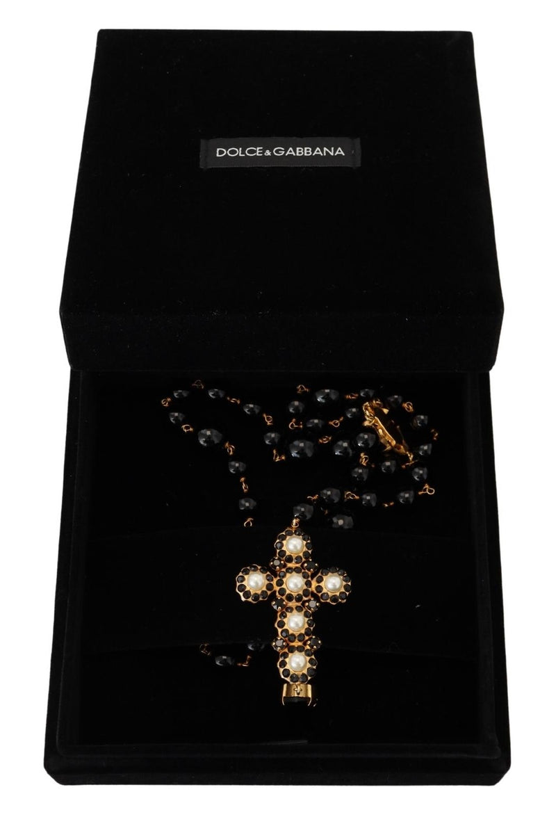 Gold Brass Chain Black Crystal Cross Pendant Necklace