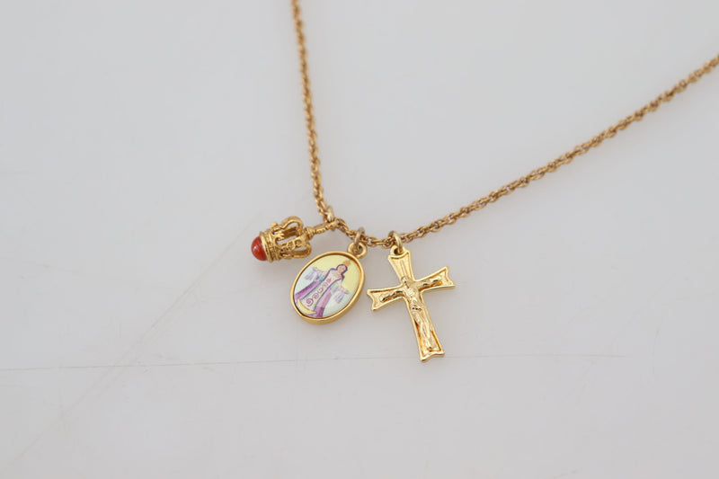 Gold Brass Chain Religious Cross Pendant Charm Necklace