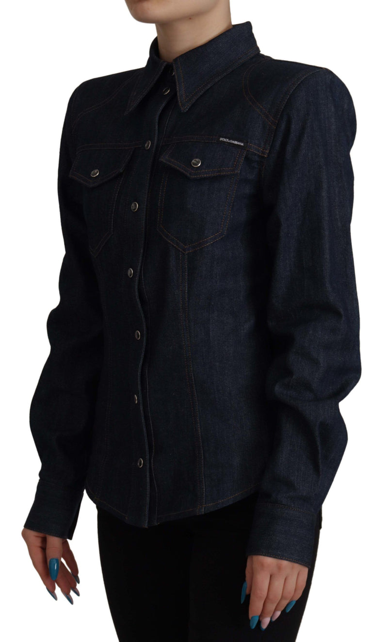 Blue Cotton Denim Long Sleeves Collared Shirt