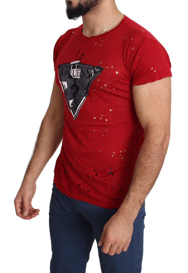 Red Cotton Logo Print Men Casual Top Perforated T-shirt