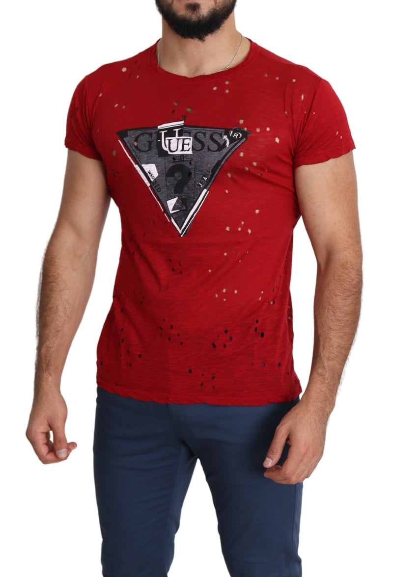 Red Cotton Logo Print Men Casual Top Perforated T-shirt