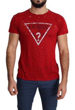 Red Cotton Logo Print Men Casual Top Perforated T-shirt