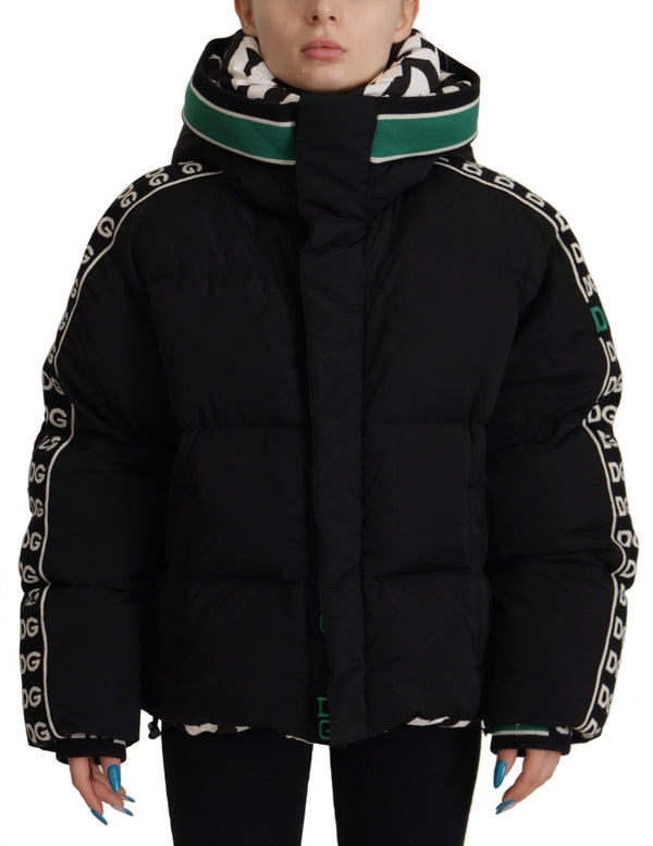 Black Royal Logo Full Zip Puffer Jacket Nylon