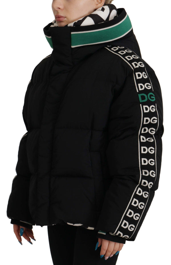 Black Royal Logo Full Zip Puffer Jacket Nylon