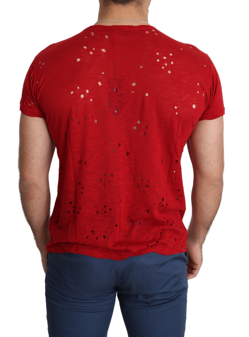 Red Cotton Logo Print Men Casual Top Perforated T-shirt