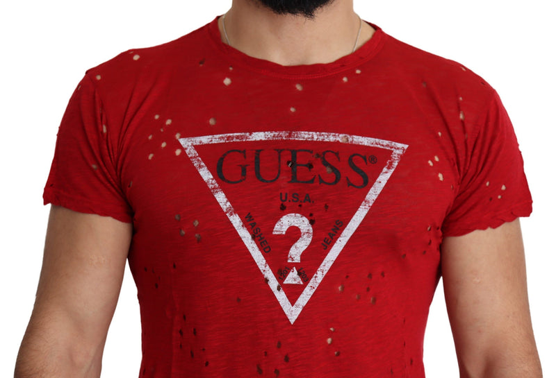 Red Cotton Logo Print Men Casual Top Perforated T-shirt