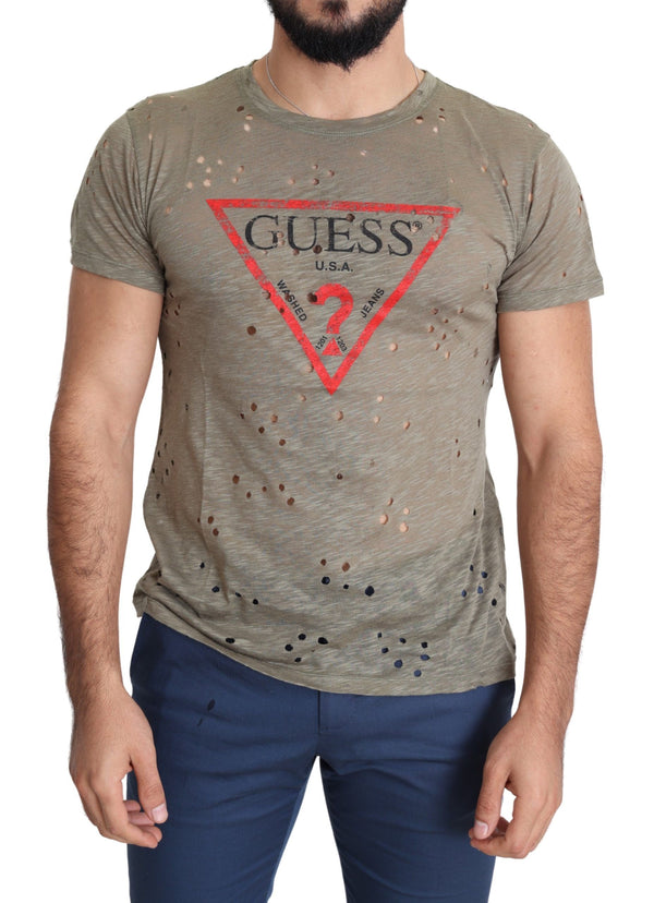 Brown Cotton Stretch Logo Print Men Casual Perforated T-shirt