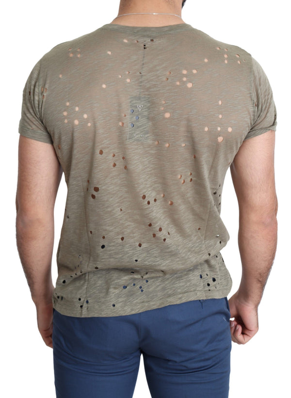 Brown Cotton Stretch Logo Print Men Casual Perforated T-shirt