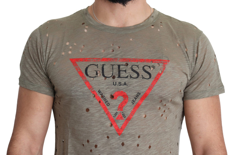 Brown Cotton Stretch Logo Print Men Casual Perforated T-shirt