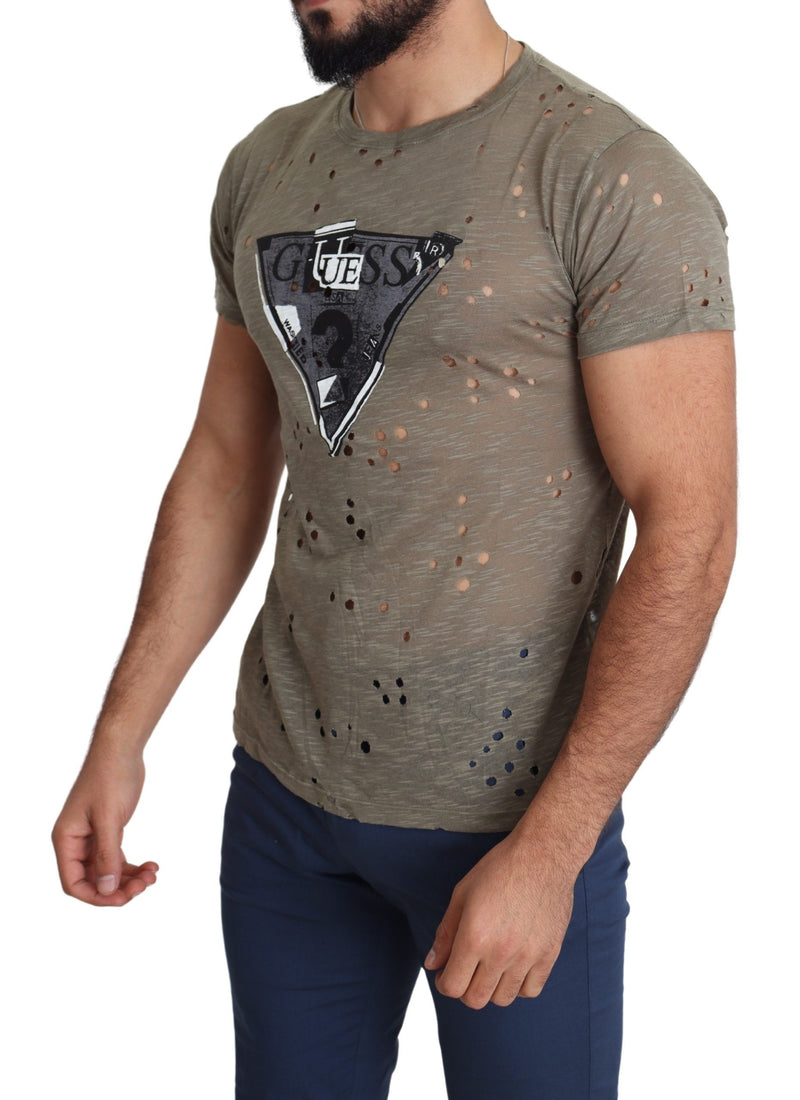 Brown Cotton Stretch Logo Print Men Casual Perforated T-shirt