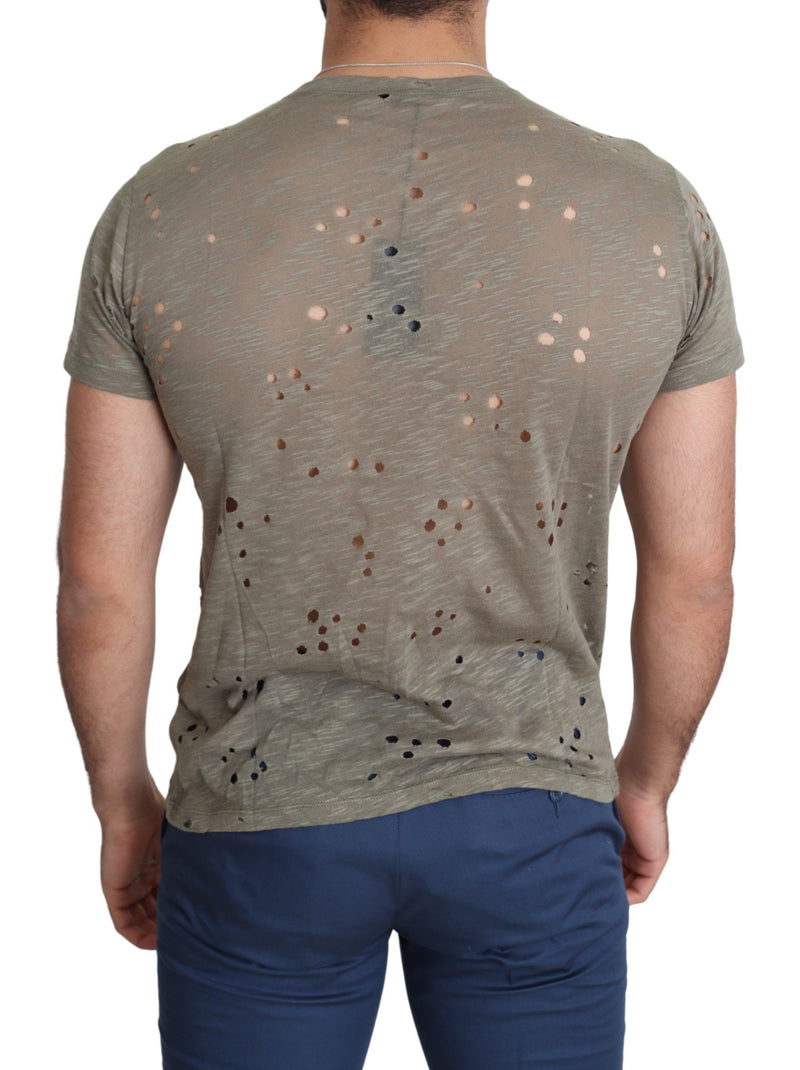 Brown Cotton Stretch Logo Print Men Casual Perforated T-shirt