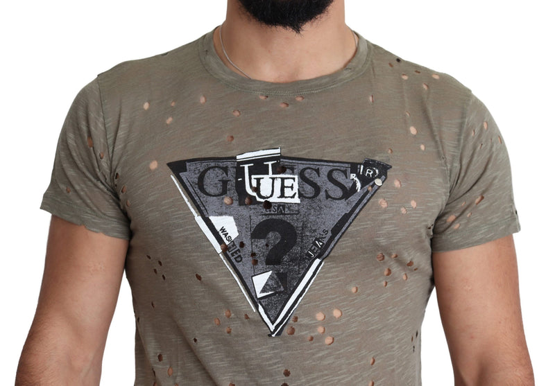 Brown Cotton Stretch Logo Print Men Casual Perforated T-shirt