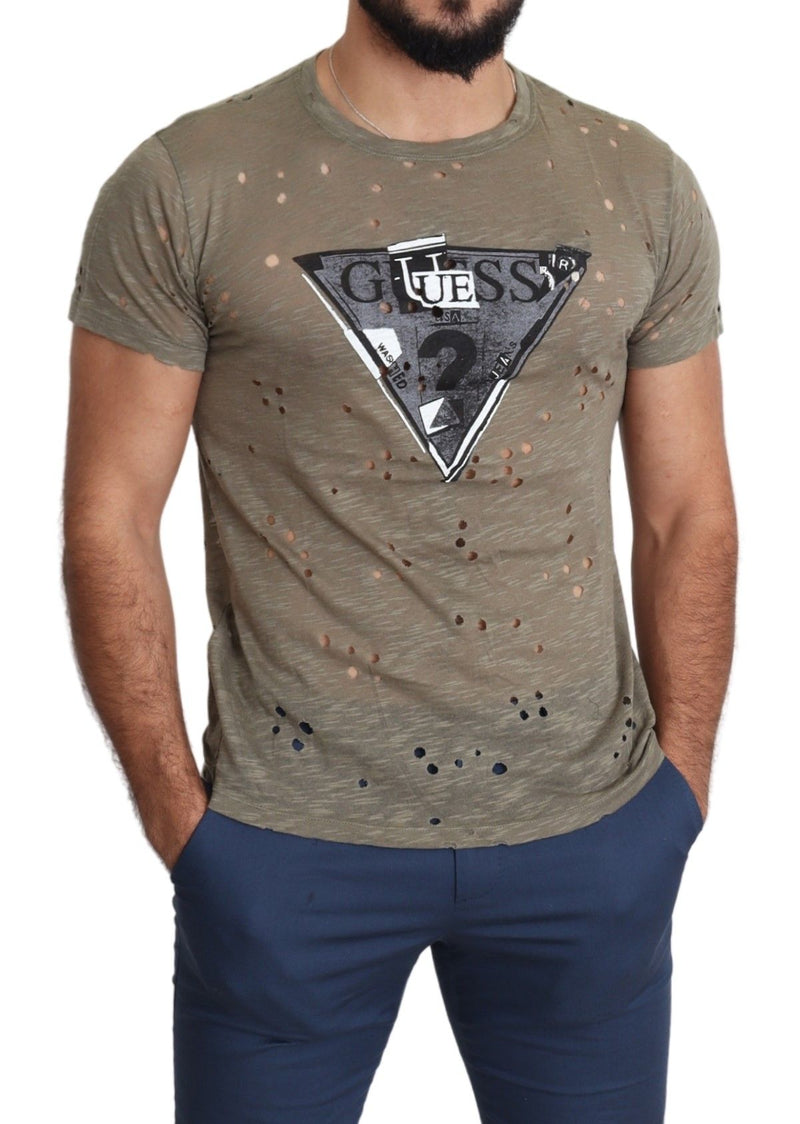 Brown Cotton Stretch Logo Print Men Casual Perforated T-shirt