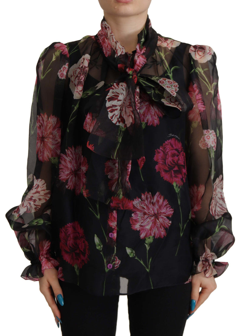 Black Floral Print Silk Top Shirt Blouse