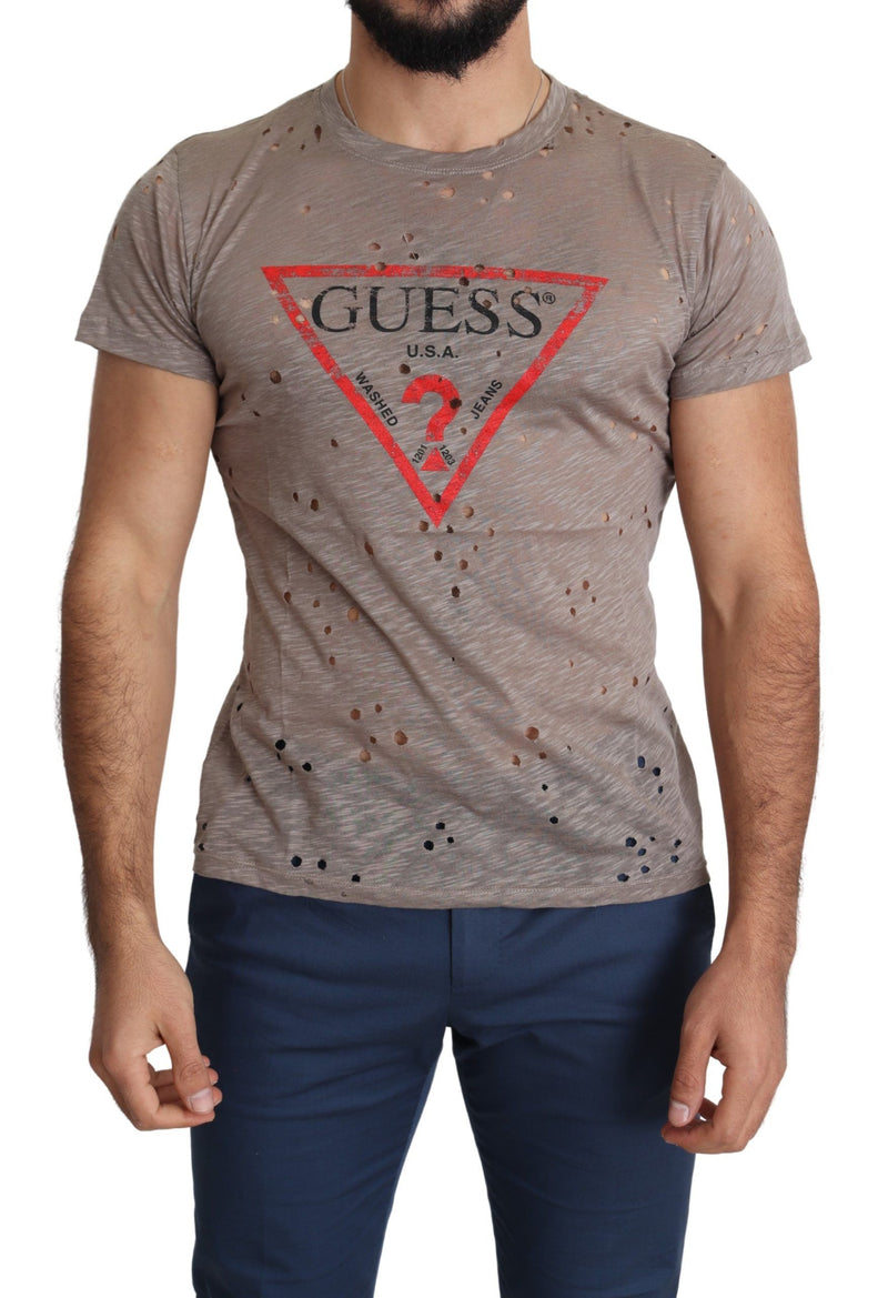 Brown Cotton Stretch Logo Print Men Casual Perforated T-shirt