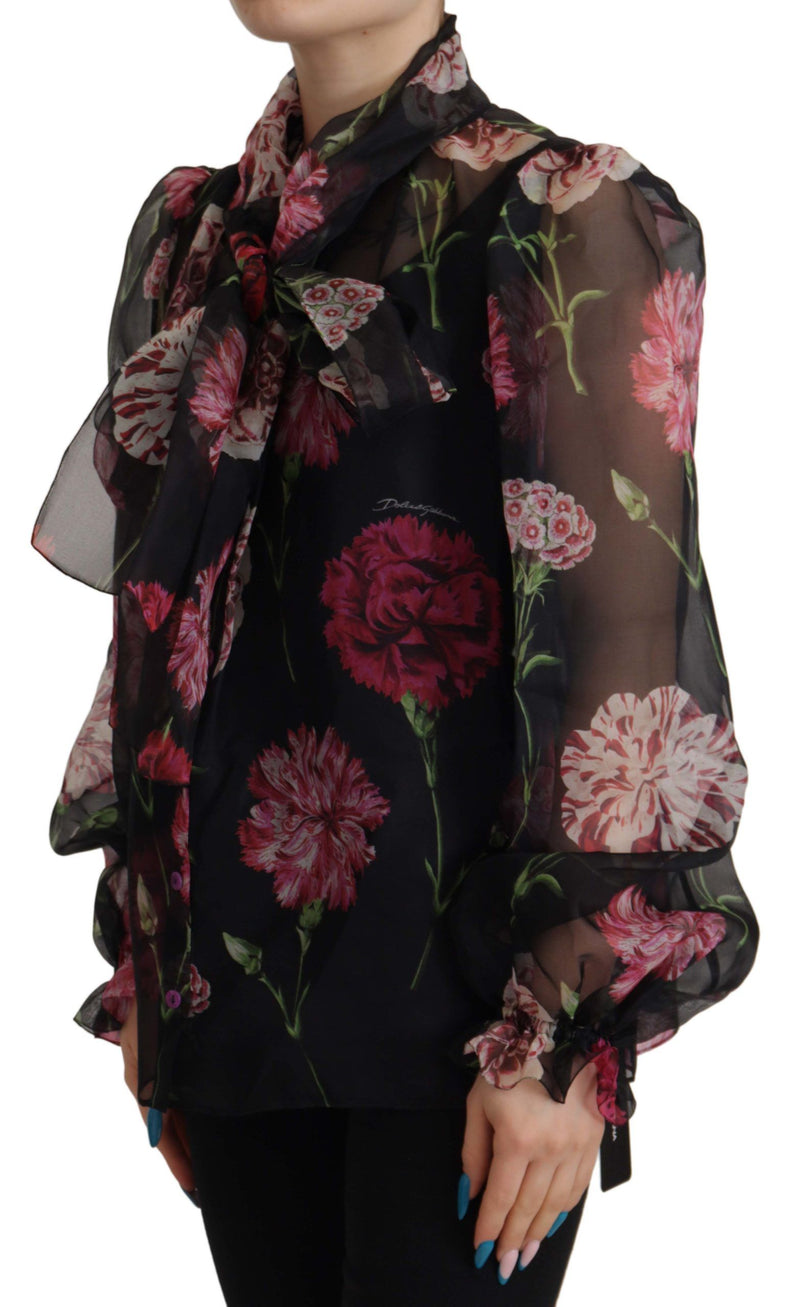 Black Floral Print Silk Top Shirt Blouse