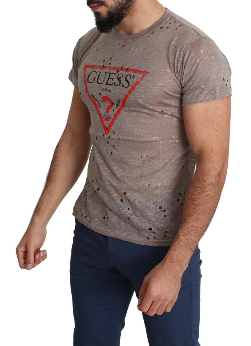 Brown Cotton Stretch Logo Print Men Casual Perforated T-shirt