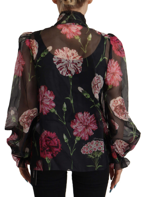 Black Floral Print Silk Top Shirt Blouse