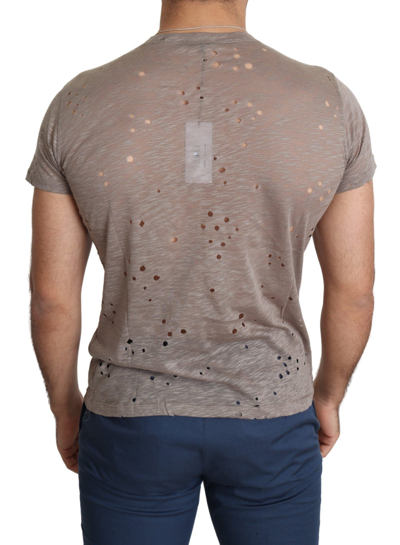 Brown Cotton Stretch Logo Print Men Casual Perforated T-shirt