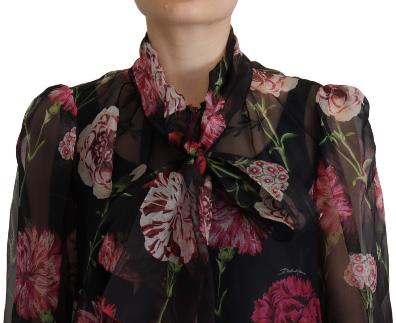 Black Floral Print Silk Top Shirt Blouse