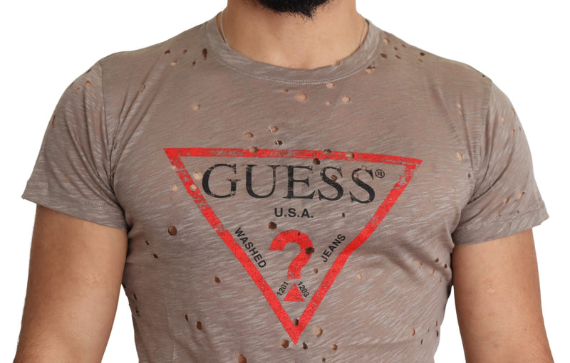 Brown Cotton Stretch Logo Print Men Casual Perforated T-shirt