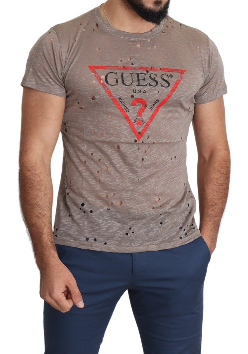 Brown Cotton Stretch Logo Print Men Casual Perforated T-shirt