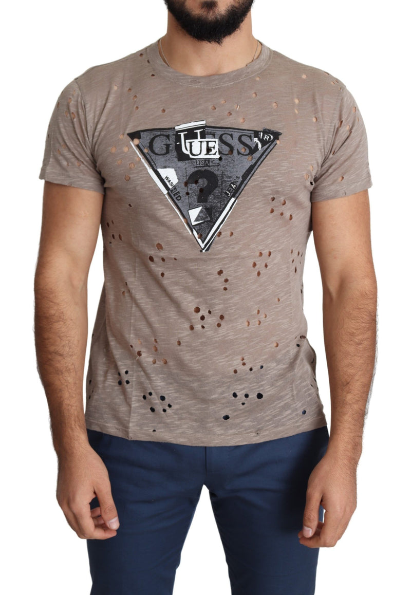 Brown Cotton Stretch Logo Print Men Casual Perforated T-shirt