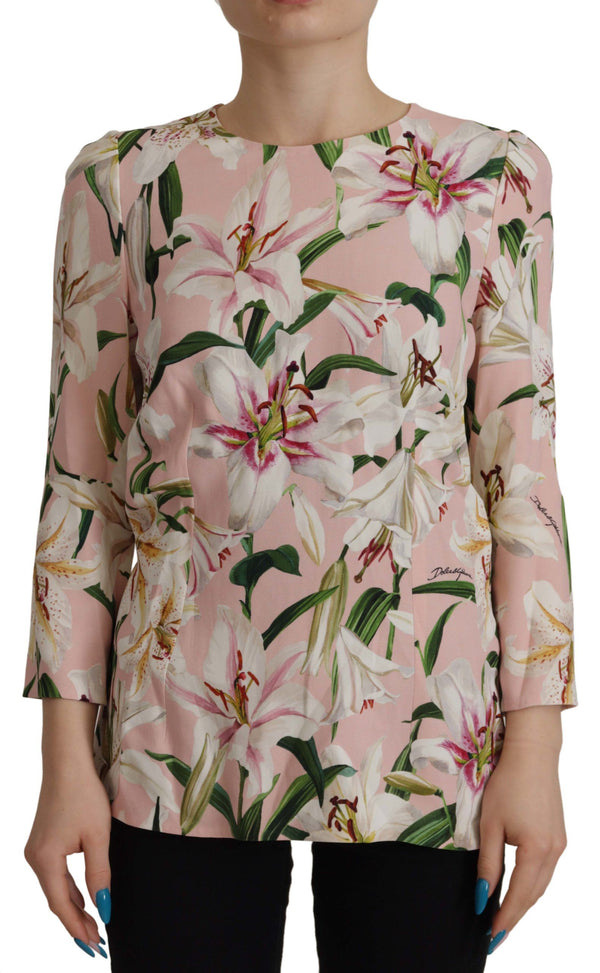 Pink Lily Print Long Sleeves Blouse Top