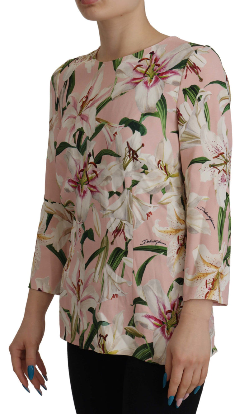 Pink Lily Print Long Sleeves Blouse Top