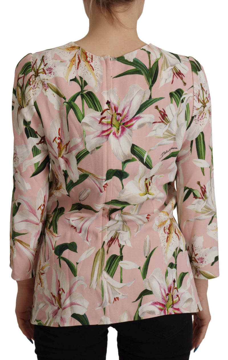 Pink Lily Print Long Sleeves Blouse Top