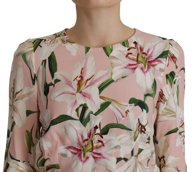 Pink Lily Print Long Sleeves Blouse Top