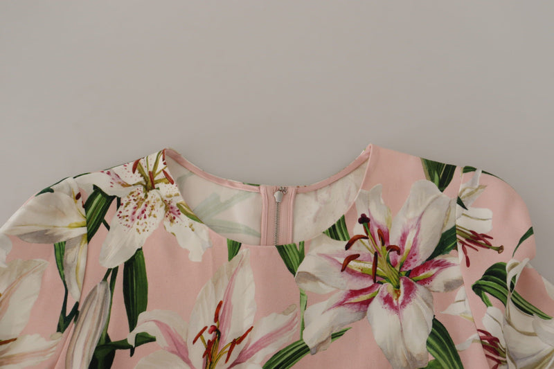 Pink Lily Print Long Sleeves Blouse Top