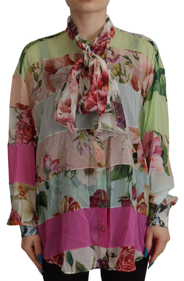 Multicolor  Floral Patchwork Design Ascot Collar Top Blouse