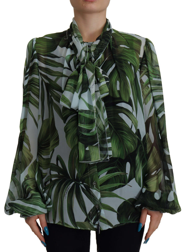 Multicolor Blouse Leaf Print Ascot Collar Long Sleeve Top