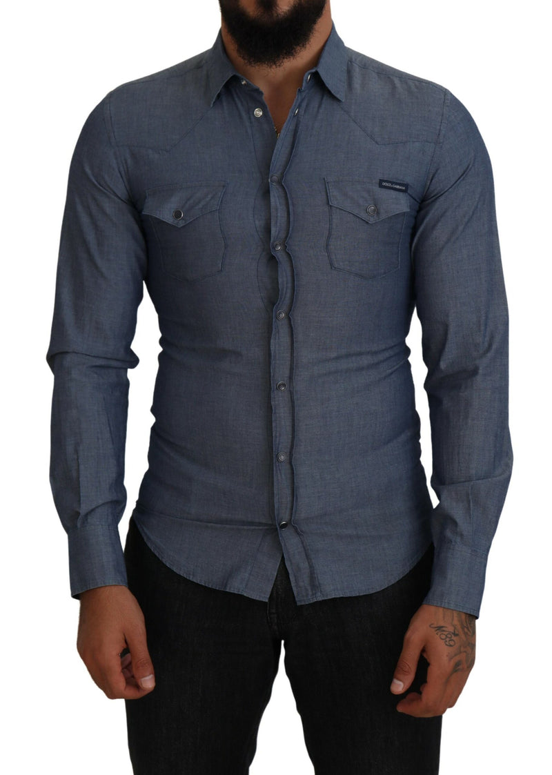 Blue Cotton Collared Long Sleeve Casual Shirt