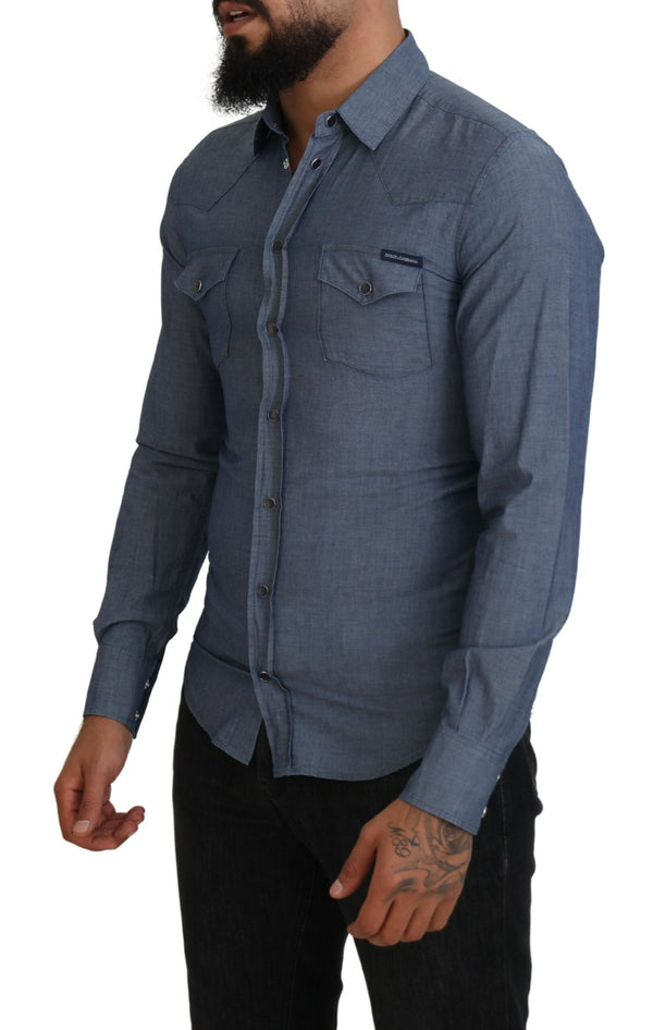 Blue Cotton Collared Long Sleeve Casual Shirt