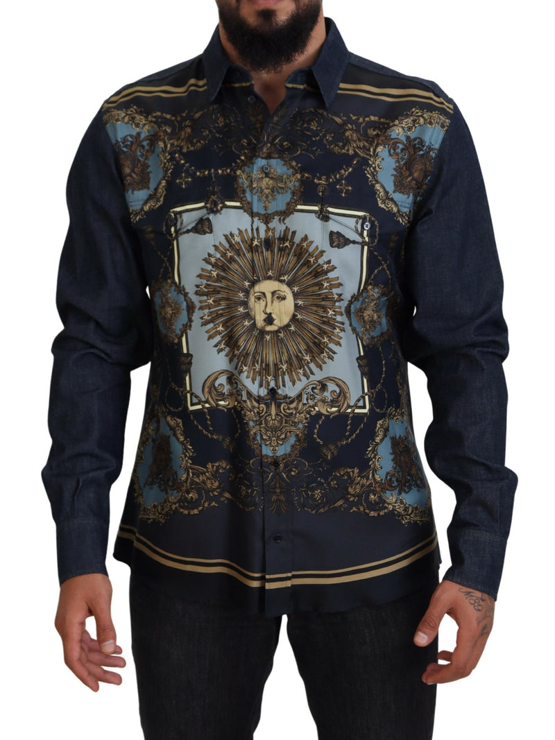 Blue Cotton Printed Long Sleeve Denim Shirt